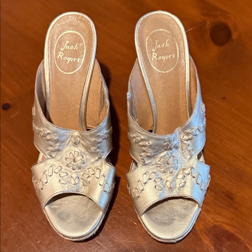 Jack Rogers Gold Metallic Floral Wedges / Mules
